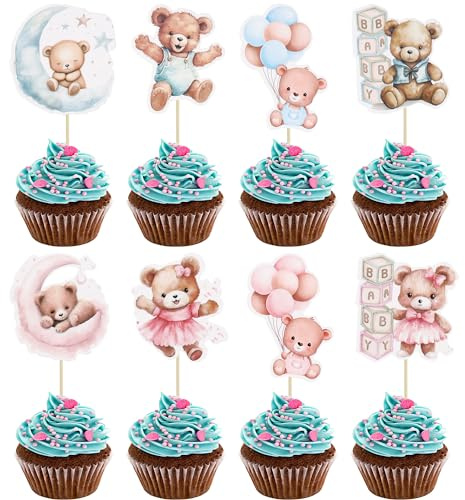 Gyufise Moon Bear Cupcake Toppers - 32 Pcs, Jungle Animal Theme Baby Shower & Birthday Party Cake Supplies - Blue & Pink