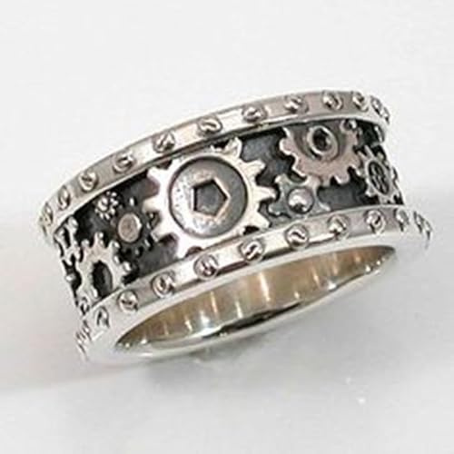 XRCXBLSC Vintage 925 Sterling Silver Gear Steampunk Mechanical Ring for Men Women, Gothic Punk Gear Wheel Steampunk Cool Ring, Personalized Trendy Hip Hop Stackable Jewelry Gift L 1/2