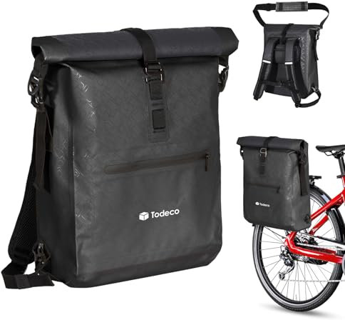 Todeco 3 in1 Fahrradtasche (20L) mit Rucksack-Funktion & Laptoptasche, 100% wasserdichte Gepäckträgertasche aus TPU, Rucksack und Umhängetasche, Gepäckträgertasche, Doppeltasche, Schwarz