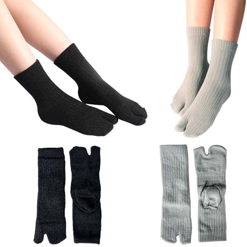 ThiCc 2 Pairs Warm Winter Tabi Socks | Elastic Split Two Toe Design for Flip Flops | Cozy Cotton Plush Ankle Socks for Men Women Unisex | Japanese V Socks (One Size,#2)