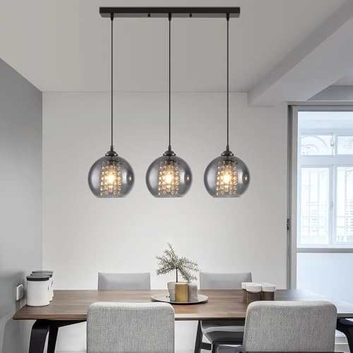 JHYPVII Pendelleuchte 3 Flammig Rauchglas Esszimmerlampe Hängend Schwarz Glaskugel Pendellampe Höhenverstellbar mit Kreative Kristall Design E27 Hängelampe für Küchen Wohnzimmer