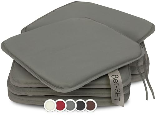 ZOLLNER 8er Set Sitzkissen in 38x38cm - gemütliche Stuhlkissen mit Bindebänder - waschbar bis 30°C - in grau - Oeko Tex® Zertifiziert
