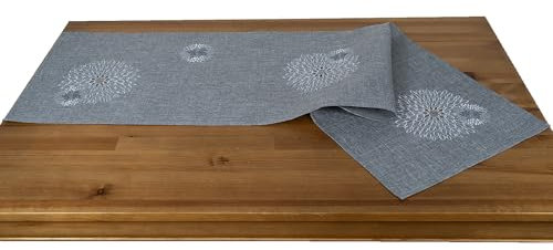 Läufer Tischdecke Leinen-Optik Bestickt Deko Esszimmer Serie Pusteblume Tischwäsche Stickerei Blumen Ornamente Tischband Typ887 Tischläufer 40x140 cm grau
