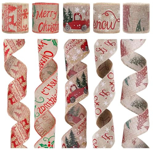 CINGHIA Ruban Noel 5 Rouleaux,Jute Rouleau de Rubans Cadeaux avec Flocon de Neige d'arbre Elk,Large Ruban Cadeau Noel pour Artisanat Couronnes Décoration et Emballage Cadeau