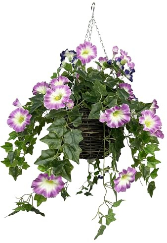 GreenBrokers Artificial Pink & Purple Petunia Round Rattan Hanging Basket with Ivy Vine (30cm)