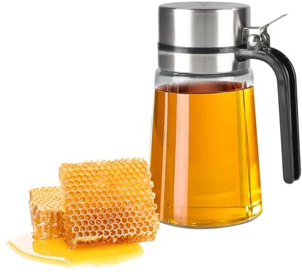 Gzsekken Honey Dispenser - Glass Syrup Dispenser with No Drip Stainless Pour Spout, 400ML Coffee Bar Station Accessory