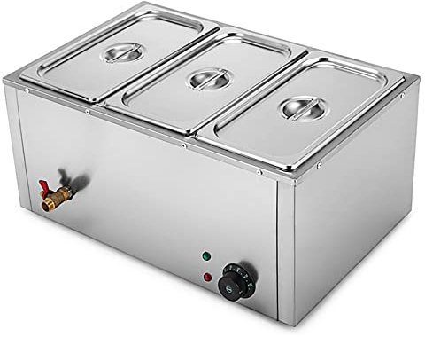 SmPinnaA Réchauffeur De Nourriture Commercial À 3 Casseroles, Bain Marie en Acier Inoxydable, Capacité De 16 litres, Table À Vapeur 850 W De 15 Cm De Profondeur, Chauffe-Plats Électrique AV