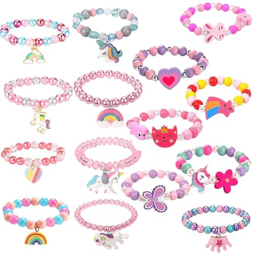 QXCFTW 15 Pieces Colorful Girls Bracelets, Unicorn Mermaid Rainbow Princess Pendant Kids Bracelets, Party Bag Stocking Filler Friendship Bracelet Set