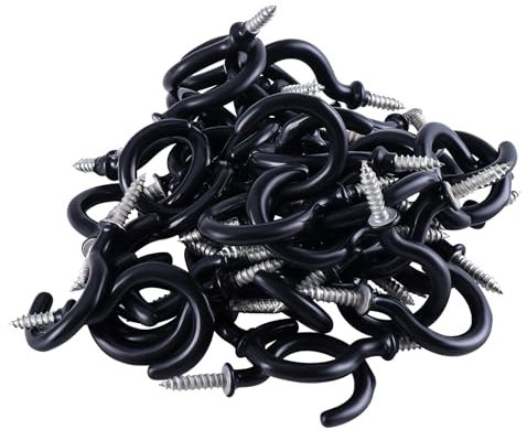 TIOMIOSEA 50 Stück Beschichtet Schraubhaken Schwarz Tassenhaken 1-1/4 Inch Hakenschraube Deckenhaken Cup Haken für Tassen Schlüsseln Blumentöpfen- 45.41 mm Wandhaken