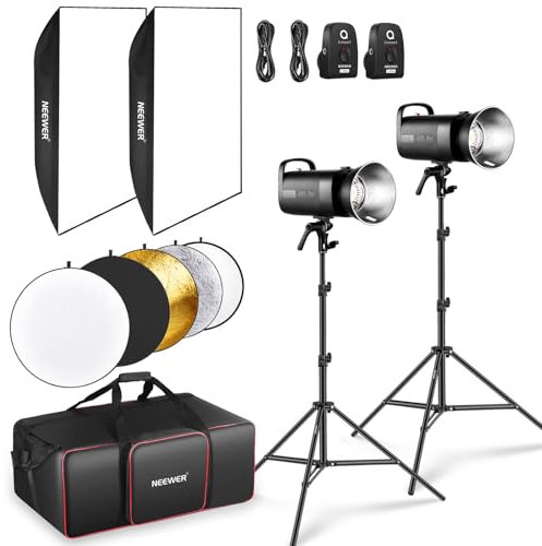 NEEWER S102-400W PRO Flash Blitzlicht Set (2er Pack) mit 2x 2,4G Auslöser, 2x Foto Lichtstativ, 2x Softbox, 5 in 1 Reflektor, Tasche, 400Ws GN62 5600K 30W LED Einstelllampe, Bowens Mount leiser Lüfter