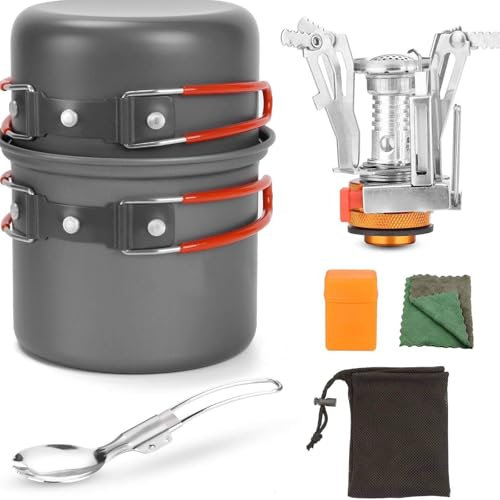 Batterie de Cuisine de Camping, Réchaud de Camping, Mini Réchaud de Camping avec Casseroles Légères Antiadhésives Et Cuillère À Couteau Fourchette en Acier Inoxydable, Batterie de Cuisine pour 1 À 2 P