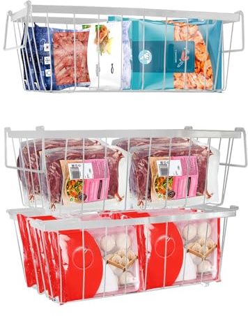 Lot de 3 paniers de congélation empilables pour congélateur coffre, étagère de rangement en métal à suspendre avec poignées, organiseur de congélateur pour cuisine, 34 x 17,3 x 14 cm (blanc, 3 pièces)