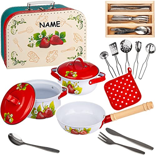 alles-meine.de GmbH 25 TLG. Set Koffer - Kochset & Topfset - Puppengeschirr/Kochtopfset - Erdbeere & Kochplatte - inkl. Name - aus Metall/Emaille - echte Blech Töpfe/Pann..