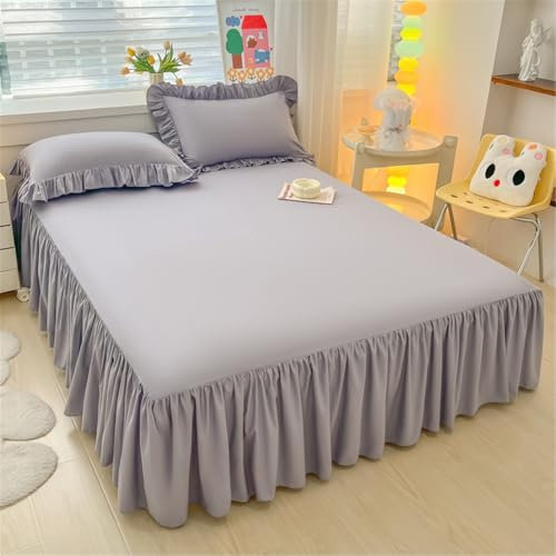 Highdi Jupe de lit à Volants Microfibre Couvre-lit Couleur Unie Coloré Doux et Antidérapant Cache Sommier avec Ourlet Élastique Drap Housse Para Single Queen King (140x200cm,Gris Clair)