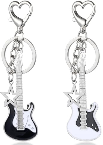 Mabor 2 PCS Aesthetic Punk Guitar Keychain, Cute Music Star Key Chain Heart Key Rings For Women Bag Purse Gift Music Lovers Kawaii Gifts