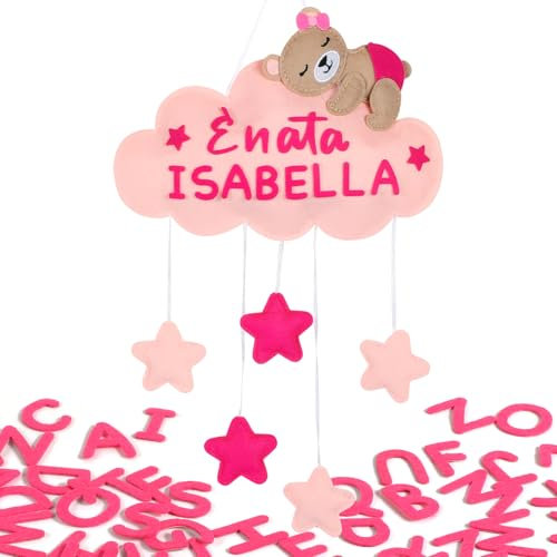 BOFUNX Fiocco Nascita Bimba Nuvole Rosa Coccarda Nascita con Nome Personalizzato Idea Regalo per Neonato Decorazione Camera Bambina per Nascita Battesimo Baby Shower Bomboniere