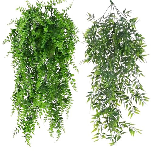 Hanging Plant, Trailing Artificial Plants for Indoor and Outdoor, Fake Hanging Plant Set of 2, Artificial Climbing Plants for Home, Office, and Event Decor, 30in Persian Vine and Bamboo Leaf Vine