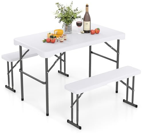 RELAX4LIFE Set da Tavolo Pieghevole 108x60x70cm con 2 Panchine, Tavolo da Picnic Rettangolare in HDPE Effetto Legno, Struttura in Metallo, Portatile per 4 Persone, Ideale per Campeggio, Feste, BBQ
