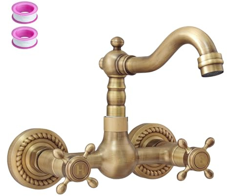 KOPYFANTAP Mezclador Cocina Pared Bronce Antiguo, Vintage Mezclador Grifo Fregadero Latón de Doble Maneta, Giratorio 360° Retro Griferia Lavabo Baño de Pared, Caño 16cm