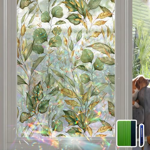 Flortlias Rainbow Window Privacy Film with Tools, 3D Stained Glass Window Film, Spring & Autumn Leaves, 16.93 x 78.74(43X200CM)