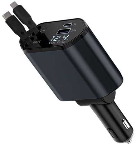 Huybaa Caricabatterie per auto in lega di alluminio da 120 W con display di potenza e cavo dati retrattile automatico Interfaccia tipo C + Lightning + USB-C/USB-A Regolazione libera a 180°