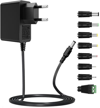Akinguar Alimentación de CC 12V 2A, Universal Adaptador de Fuente de Alimentación, CA 100-240V a CC 12V, Adaptador Multivoltaje Transformador, con 8 Conectores