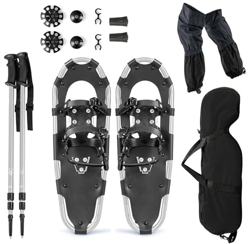 SOARS Kit de Raquette à Neige 4 en 1, Raquettes en Aluminium avec Bâton de Marche Téléscopique, Sac de Rangement, Guêtres Imperméable, pour Femmes, Hommes, Enfants (30″,Argenté)