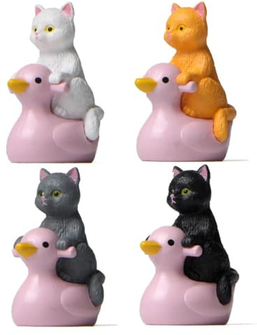 KARLOR Mini figuras de gatitos, 4 unidades en miniatura de gatos en patos, estatua de gatito sentado, decoración divertida, decoración de mesa, coche, ordenador, acuario, habitación de los niños