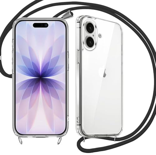 E-Lush Coque pour iPhone 17 avec Cordon, Transparente Silicone Collier Etui pour iPhone 17, Mince Souple TPU Antichoc Housse Protection Couverture avec Réglable Corde Lanyard, Noir