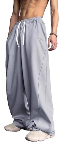 PADOLA Pantalone della Tuta Uomo Largo Y2K Streetwear Vita Elasticizzata con Cordino Tasche Laterali Pantalone Casual Baggy per Sport e Tempo Libero(L,Grigio Chiaro)