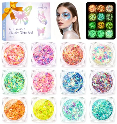 12 Couleurs Lumineuse Paillettes Gel, Glitter Gel pour Maquillage Carnaval | Forme de Papillon Accessoire de Festival, Paillettes Visage Fluorescente, Neon Maquillage Chunky Glitter Gel Corps Cheveux