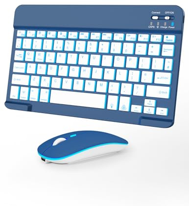 Nsyee Tastiera e mouse Bluetooth retroilluminato, tastiera wireless compatta universale, tastiera portatile ricaricabile per iPad/Samsung/tablet/iOS/Android/Windows, layout UK