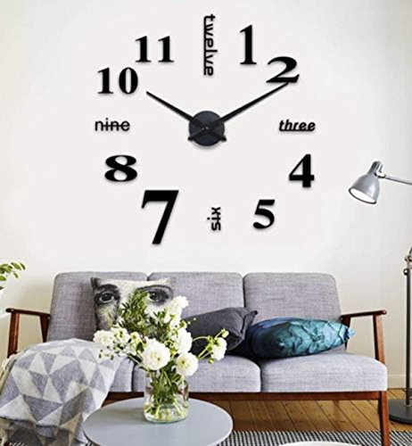 Fdit DIY creativo rimovibile moderno orologio da parete 3D con numeri adesivo acrilico per la decorazione della casa abbellimento (nero)