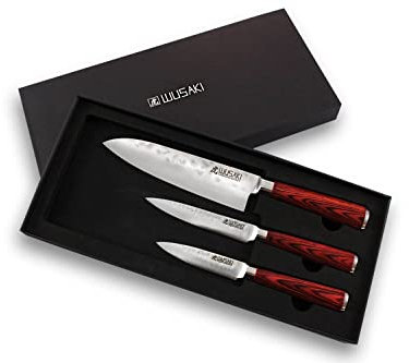 Wusaki - Coffret 3 couteaux de cuisine Pakka lames martelées acier inoxydable allemand X50 bois Pakkawood Santoku + Universel + Office vendu en coffret cadeau
