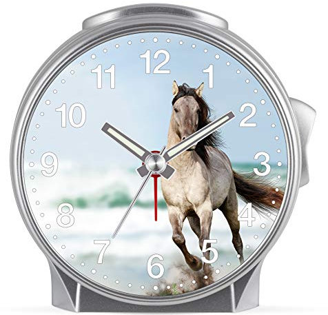 Eurotime Despertador infantil para niña, diseño de caballos, carcasa de plástico y cristal de plástico, silencioso, sin tictac, con luz y repetición de alarma, 29607-07