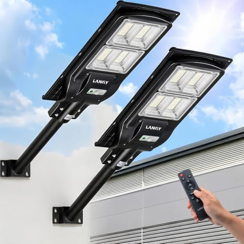 LANGY 2 Stück Solarstraßenleuchten, 30000 Lumen, 240 LED-Straßenlampe mit Lichtsteuerung & PIR-Bewegungssensor, Dämmerung bis Morgendämmerung LED-Sicherheitsleuchte Solar-Flutlicht für Platz