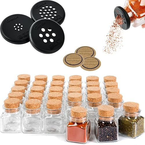 GIESSLE 30 Stück kleine Gewürzgläser mit Korken, 100ml, 8cm hoch | Gewürzdosen aus Glas und Vorratsgläser für Gewürze und Kräuter - passend für Schublade, Regal und Küche