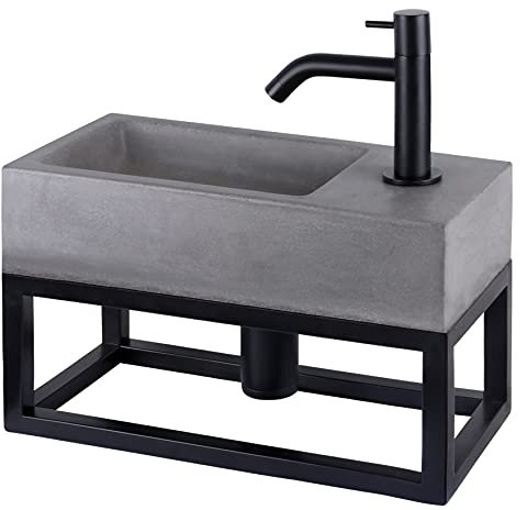 Differnz Jukon Waschbecken mit Handtuchhalter - Waschtisch Dunkelgrau Beton - Gebogene Armatur Matt Schwarz - Komplettset - 38,5 x 18,5 x 9 cm