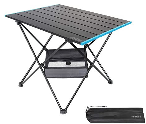 reakoo Mesa Camping Plegable portátil con Tablero de Aluminio, Mesa Plegable Camping Ultraligera compacta con Bolsa de Transporte para Exteriores, Playa, Barbacoa, Picnic, Cocina, Festival Large
