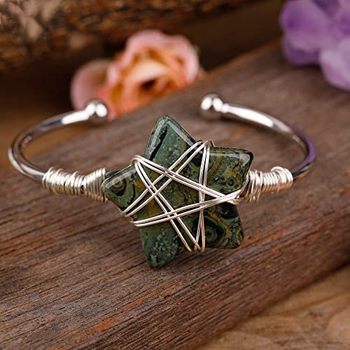 Edelstein Armband, Creative Star Natürlicher Grüner Jaspis Offener Armreif Freundschaftsarmband Charme Chakra Armbänder Edelstein Energie Glücksgeschenk Für Frauen Prom Party Schmuck