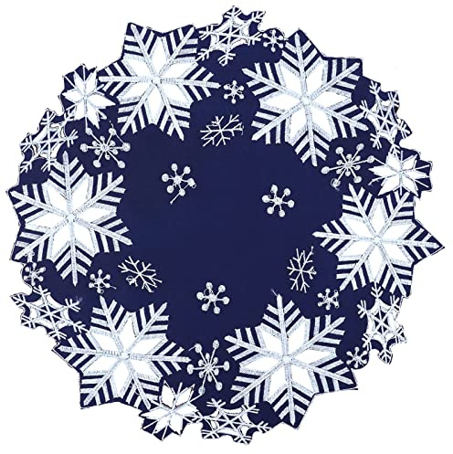 Simhomsen Set mit 4 bestickten Schneeflocken, rund, Deckchen, 38,1 cm, für Weihnachten, Urlaub und Winter, Esstisch-Tafelaufsätze (Marineblau)