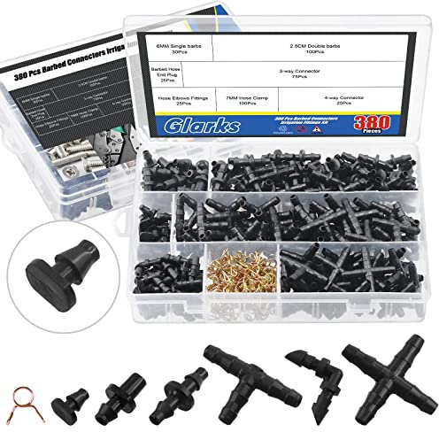 Glarks Kit di 380 connettori spinati per irrigazione e clip a molla da 7 mm per connettori per tubi dell'acqua da 1/4, tra cui barbe, T, gomiti, spina terminale, accoppiamento a 4 vie, accoppiamento