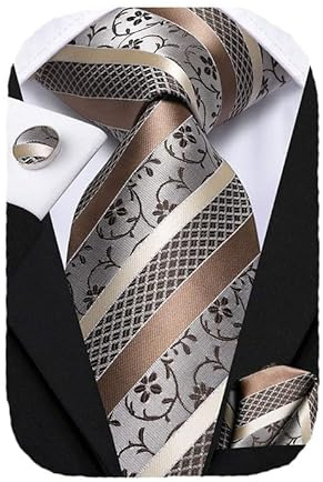Hi-Tie Champagne Silk Ties for Men 63'' Floral Men's Ties Set Extra Long Necktie and Pocket Square Cufflinks for Wedding