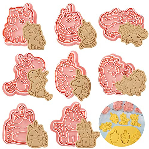 8 Stück Ausstechformen, Keksausstecher Kinder, Plätzchen Ausstecher Plastik Cookies Cutter, Kinder 3D Fondant Keks Ausstecher, Wiederverwendbar Einhorn Ausstecher, Cookie Mold für Kinder