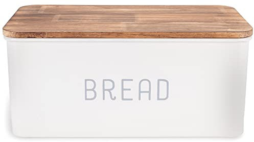Nat & Jules Matte White 17 x 8 Metal Enamel Rubber Wood Lidded Bread Box