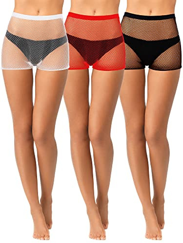Geyoga Lot de 3 Shorts en résille pour Femme - Short de Cyclisme en Maille Transparente - Taille Haute - Short élastique pour Yoga, Noir, Rouge et Blanc, Large