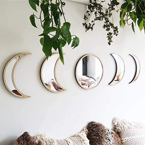 TOPINCN 5 Stück Mondphasen-Spiegel-Set, Acryl Wand Dekorative Spiegel Holzrahmen Mondphasen-Spiegel Heim Wandspiegel für Wohnzimmer Schlafzimmer (Sortierte Farbe)