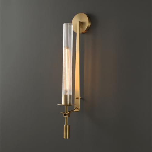 SEEAIRSHOP Brass Wall Light Fixture Set of 2, Post-Modern Long Glass Tube Wall Sconce Lighting Fluted Cylinder 1 Head Gold Wall Mount Lamp Glass Ribbed Bathroom Sconce - 28