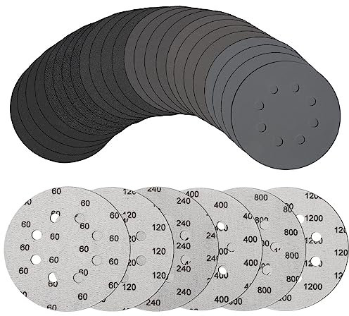 EEEKit 30 Stück Schleifpapier 125mm, 8 Löcher Runde Schleifscheiben, Körnung 60/120/240/400/800/1200, Nass und Trocken Exzenterschleifer Schleifpapier für Metall, Holz, Auto