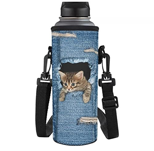 NETILGEN Neoprene Thermal Bottle Cover with Adjustable Shoulder Strap - Denim Cat